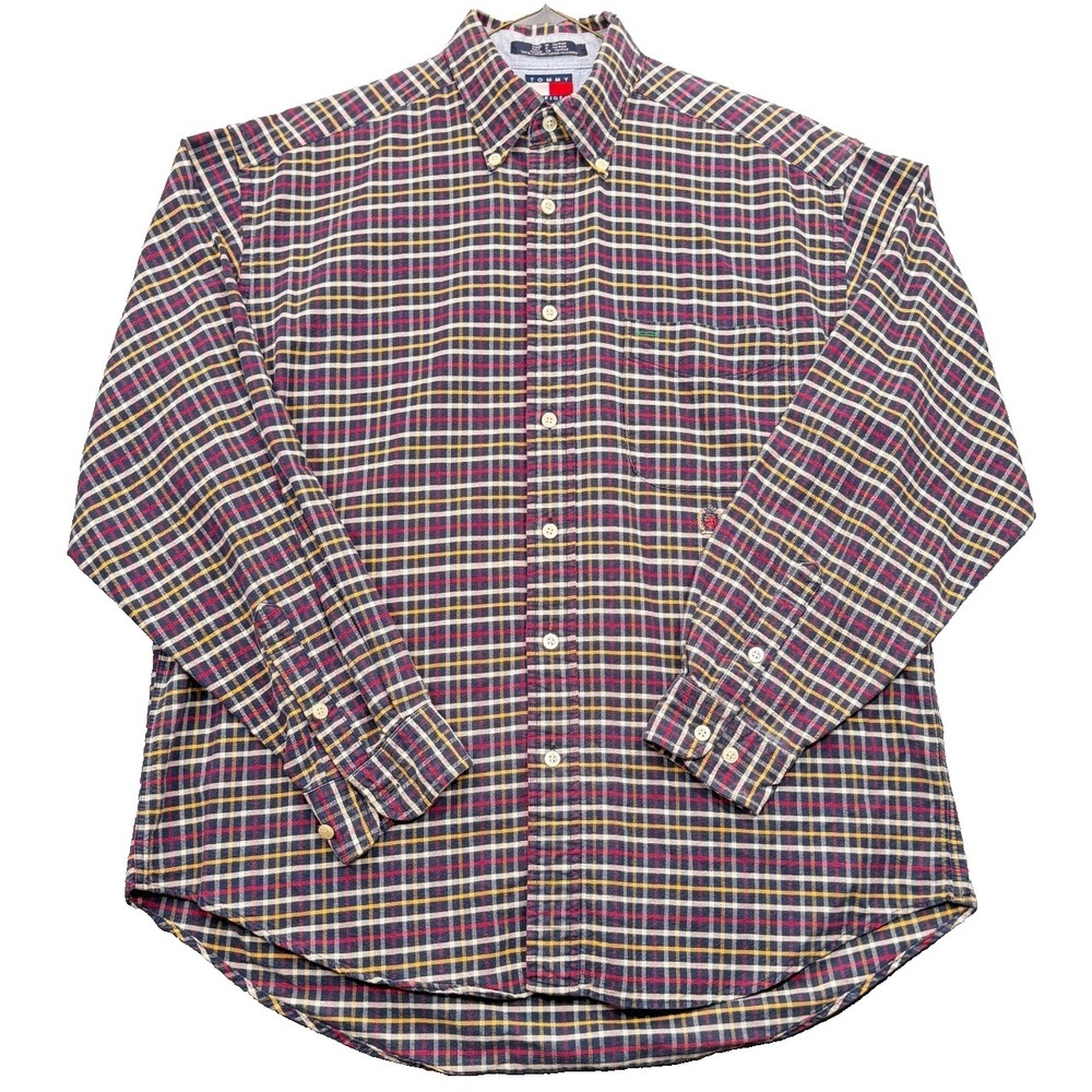 Tommy Hilfiger Mens Large Plaid Crest Logo Long Sleeve Button Down Shirt Cotton - Picture 1 of 5